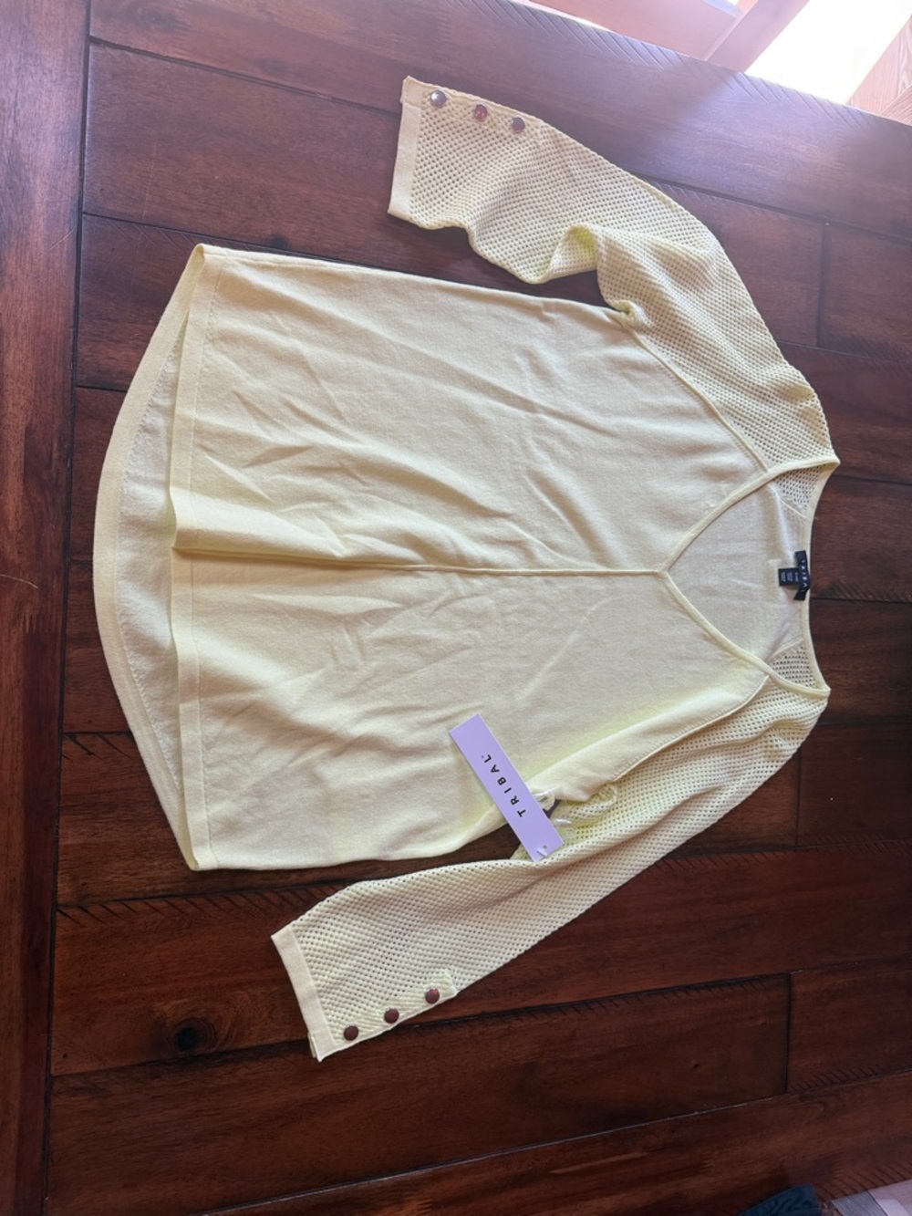 Tribal Light Yellow V-Neck Sweater with Mesh Buttoned Sleeves